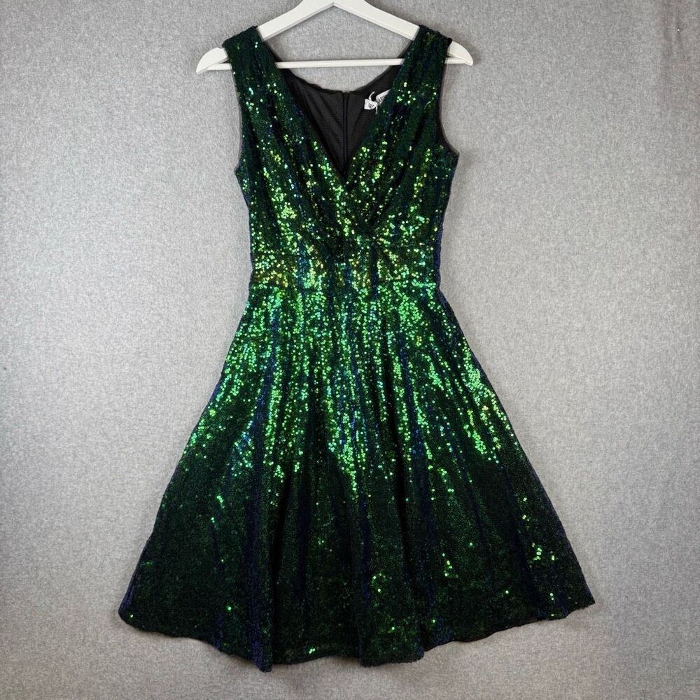 Grace Karin Womens Small All Over Sequin Fit & Flare Sleeveless Dress Green NWT